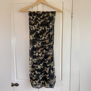 Banjara Black‎ Scarf with Multicolor Bird Print Rayon Green Orange White Flowy